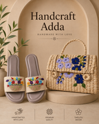 Sea grass hand bag with embroidery mules (set)