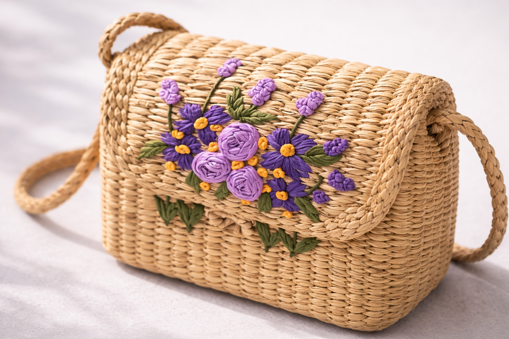 Lavender Bloom Seagrass Crossbody Bag