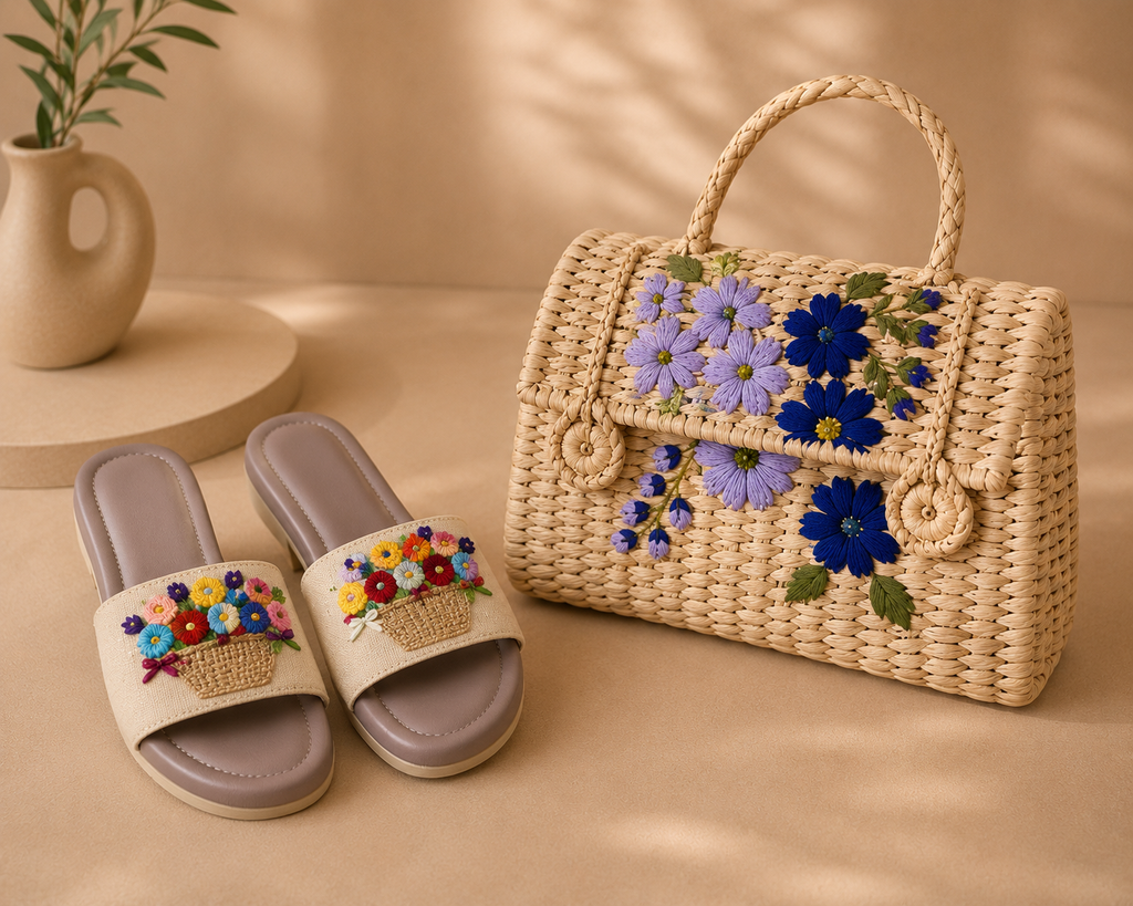 Sea grass hand bag with embroidery mules (set)