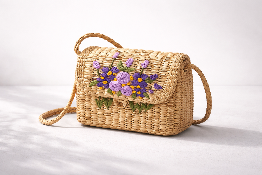 Lavender Bloom Seagrass Crossbody Bag