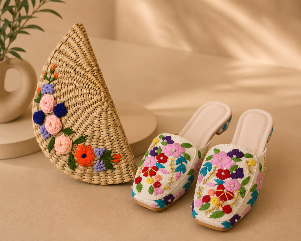 Floral Clutch + Embroidered Mules